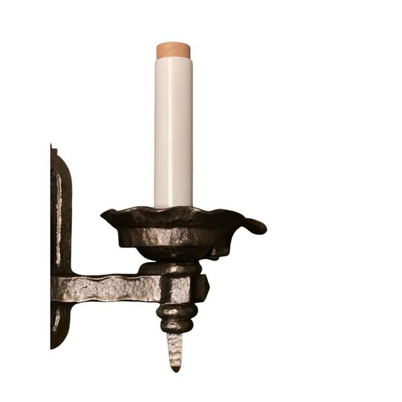 A Pair of Vintage Gothic Iron Wall Sconce Two Candle Lights Fleur de lis - Picture 6 of 8